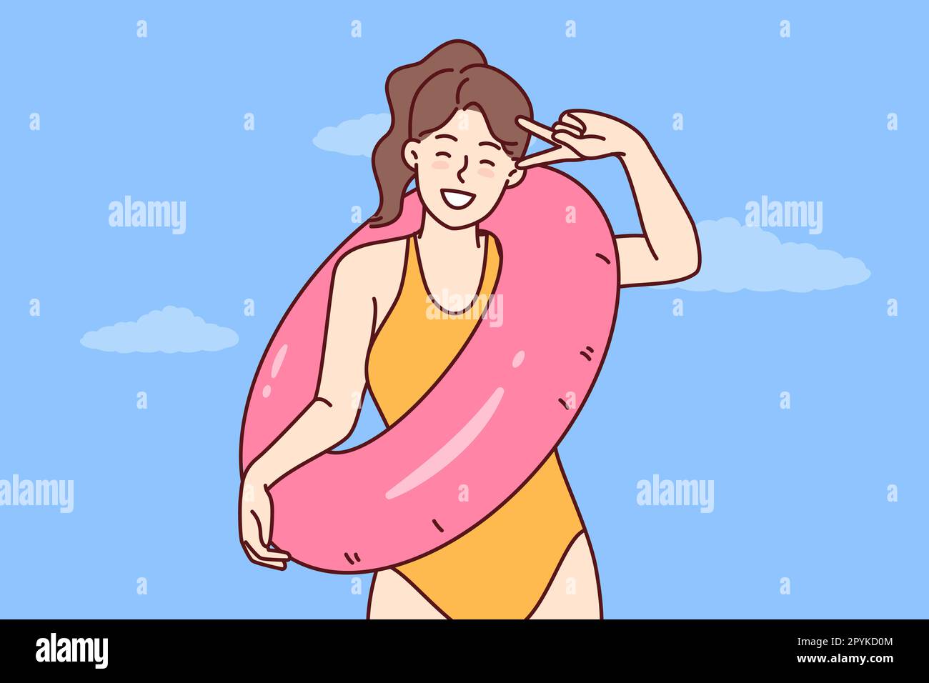 Happy woman in swimsuit for sunbathing and swimming in ocean rejoices in long-awaited summer vacation and holds lifebuoy. Girl tourist in bathing suit Stock Photo