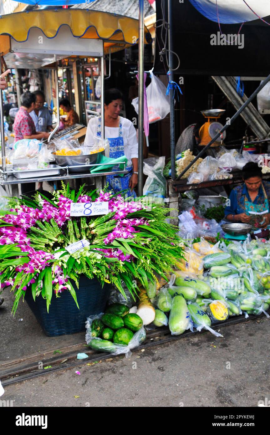 The colorful Mae Klong Railway Market Southwest  of Bangkok, Thailand. Stock Photo