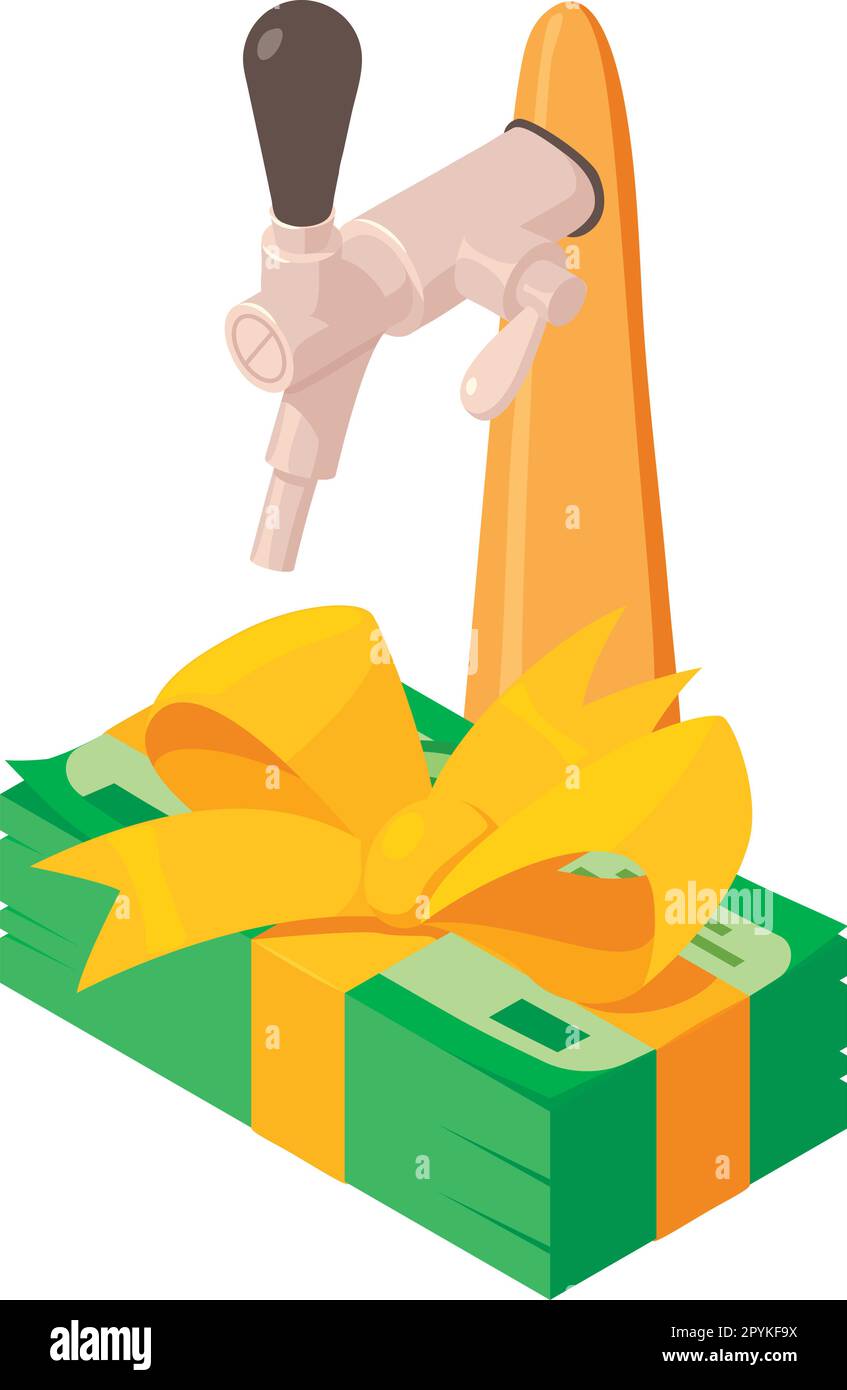 Brewing icon isometric vector. Metal beer tap and dollar bill stack