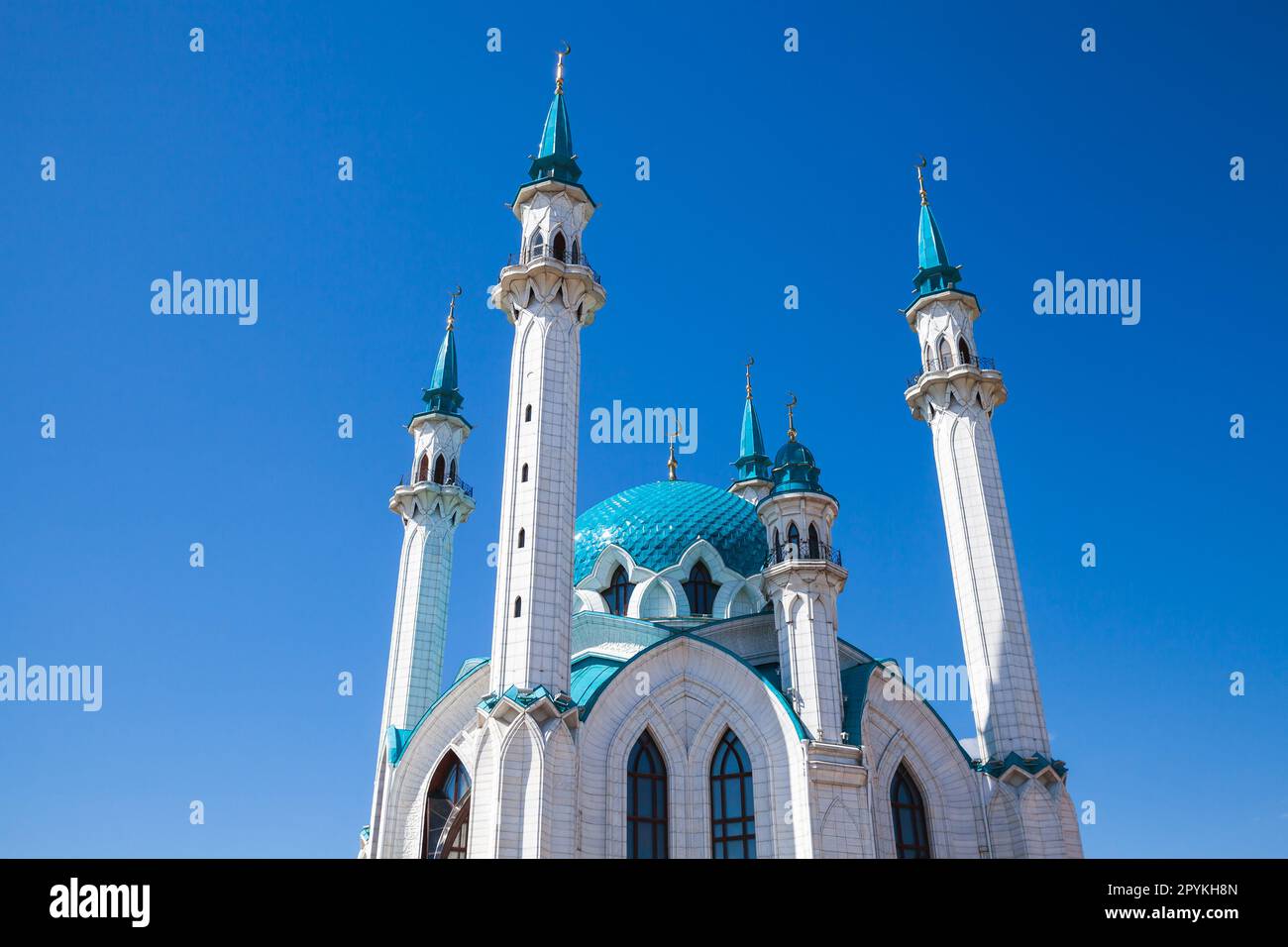 Kul Sharif Mosque is under clear blue sky on a sunny day. Kazan Kremlin, Republic of Tatarstan, Russia Stock Photo