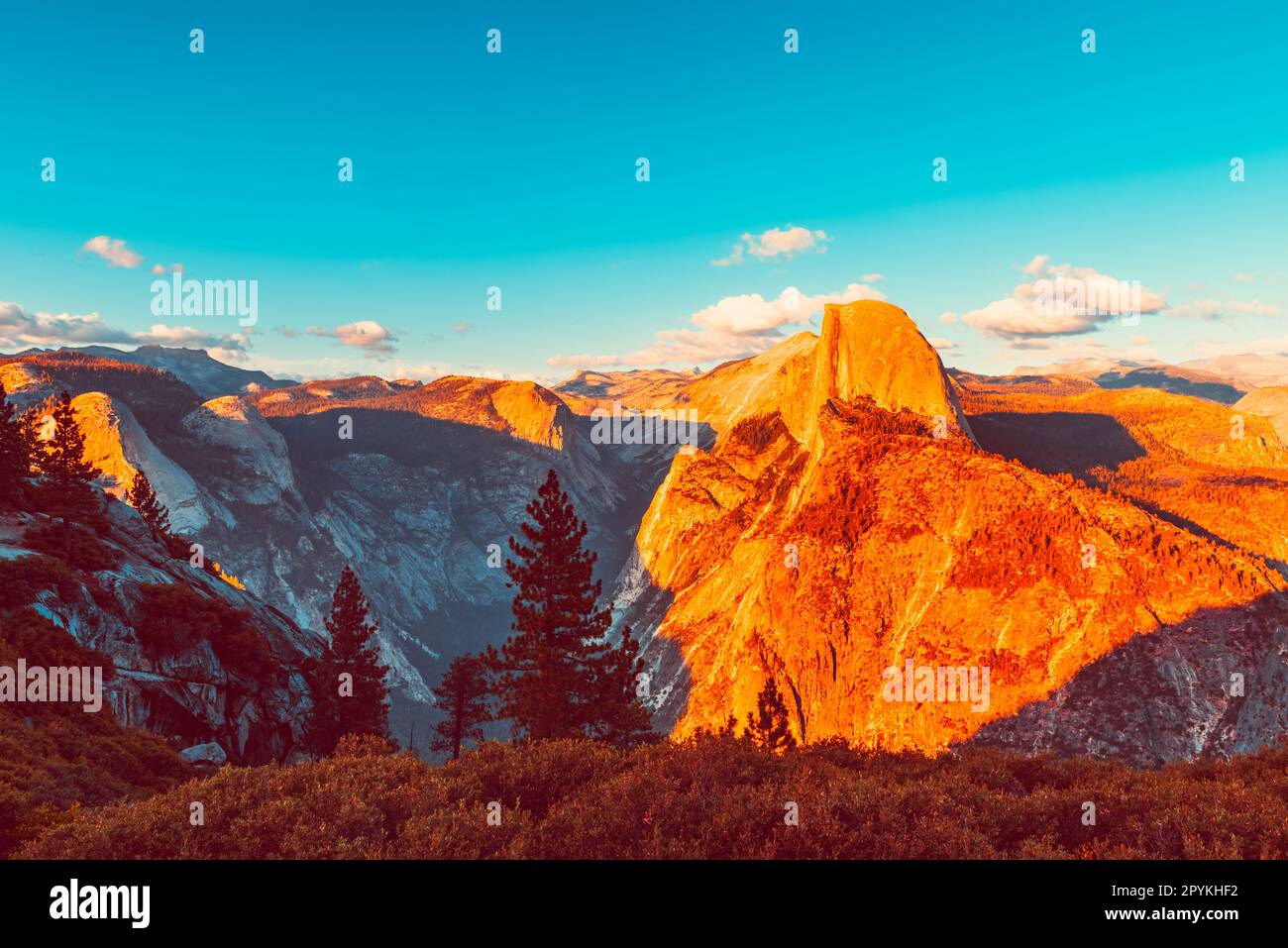 Glacier Point and Half Dome in Yosemite National Park USA at Sunset Stock Photo