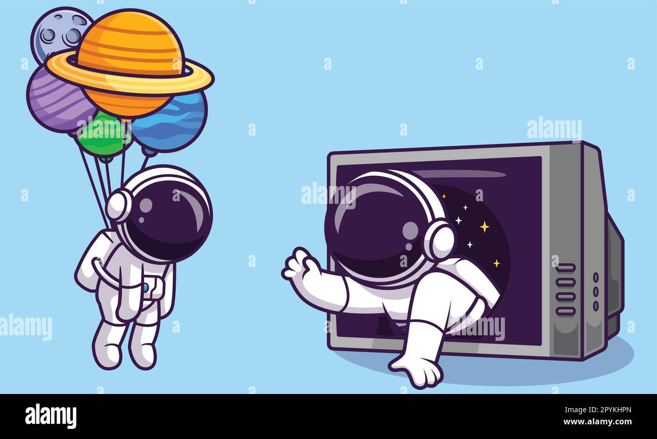 Cute astronaut floating with planet balloon and holding moon cartoon ...