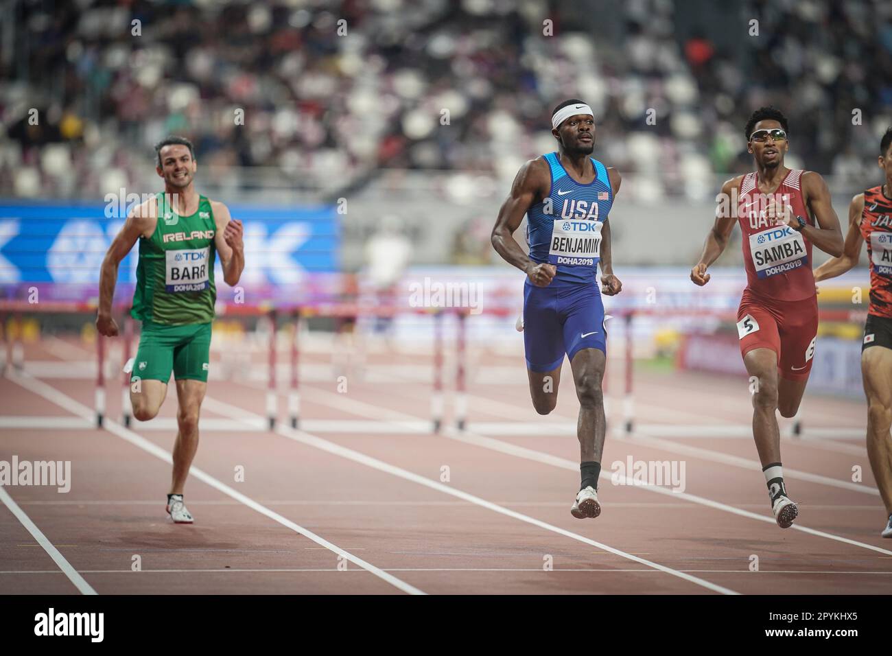 Rai Benjamin running the 400m hurdles at the 2019 World Athletics