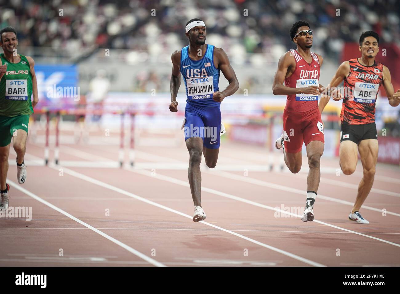 Rai Benjamin running the 400m hurdles at the 2019 World Athletics