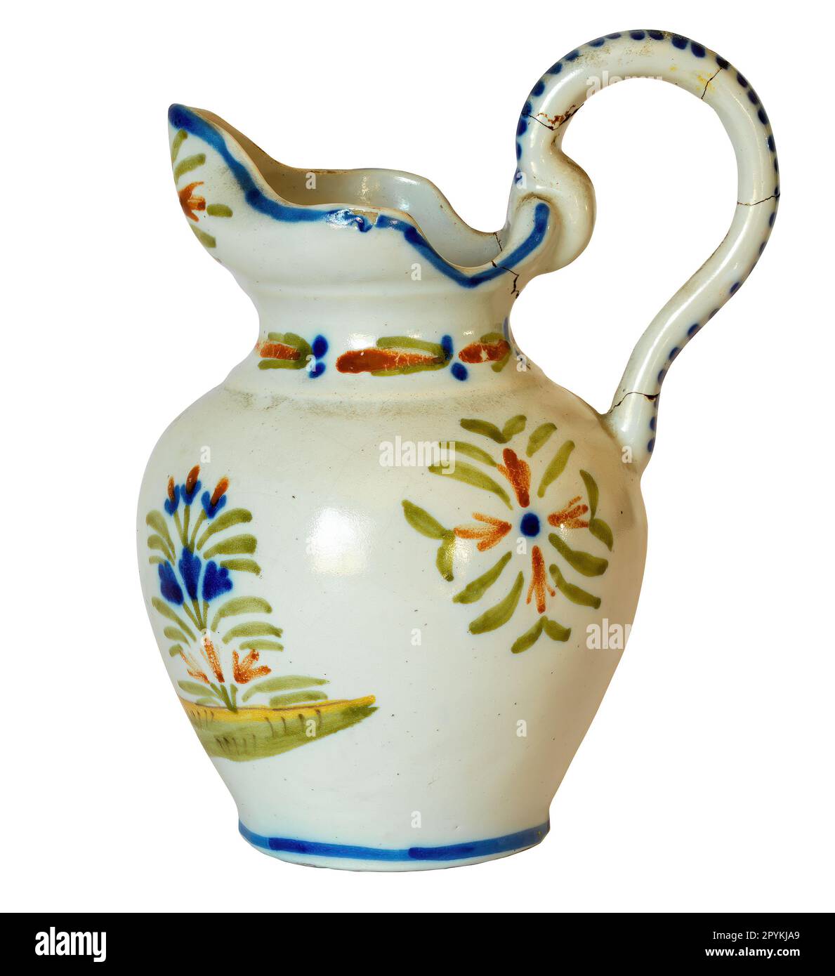 French, White-Glazed Ceramic Jug or Water Cruche, with Lid and floral decoration, isolated on white background Stock Photo