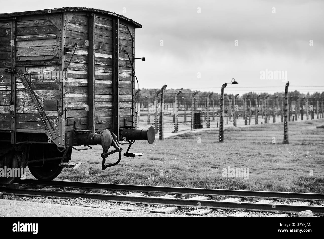 railway cars transporting prisoners to toconcentration camp in Poland from World War II Stock Photo