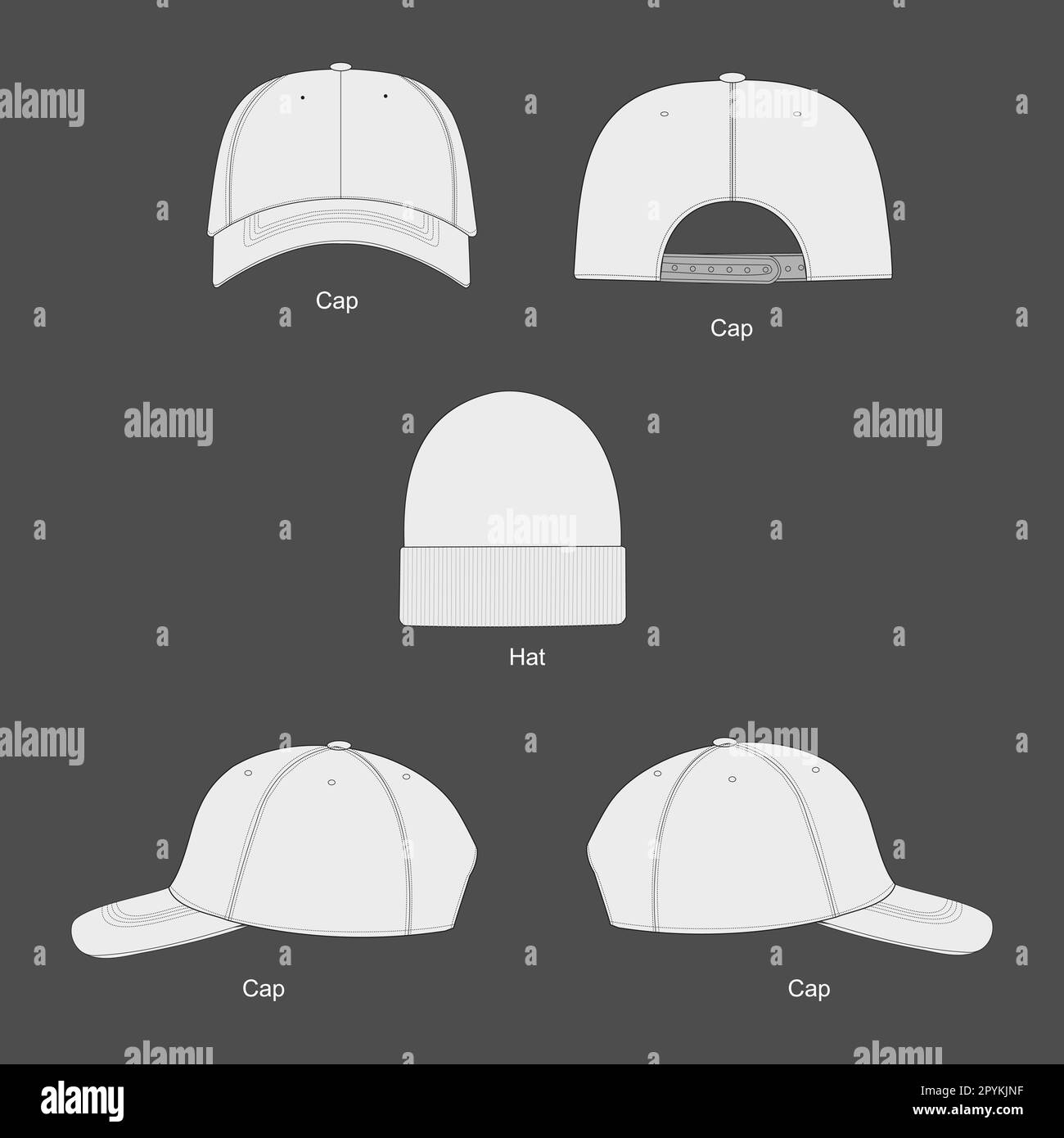 Set of hats. Plain Baseball Cap. Trucker Hat Snap back Technical Drawing Illustration Blank Street wear Mock-up Template for Design and Tech Packs CAD Stock Vector
