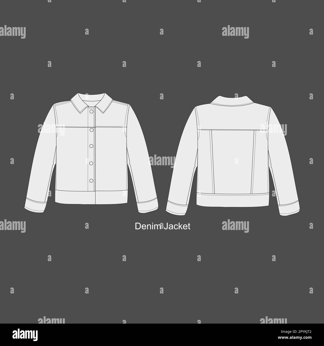 Denim Jacket Set. Storm rider denim jacket technical fashion illustration. Flat apparel front, back, white color. Women, men unisex CAD mockup. Denim Stock Vector