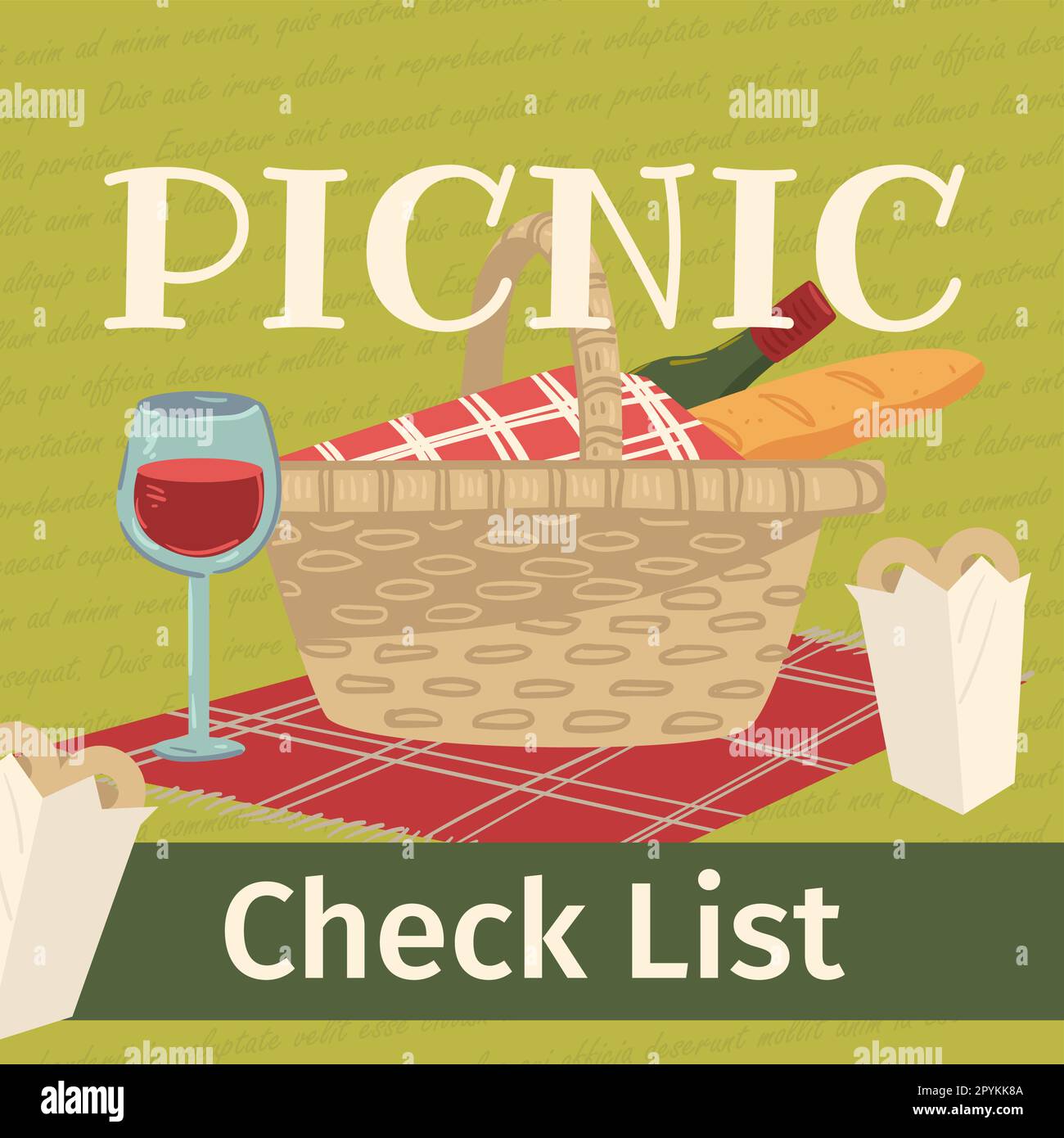 Picnic check list, basket and blanket with wine Stock Vector Image