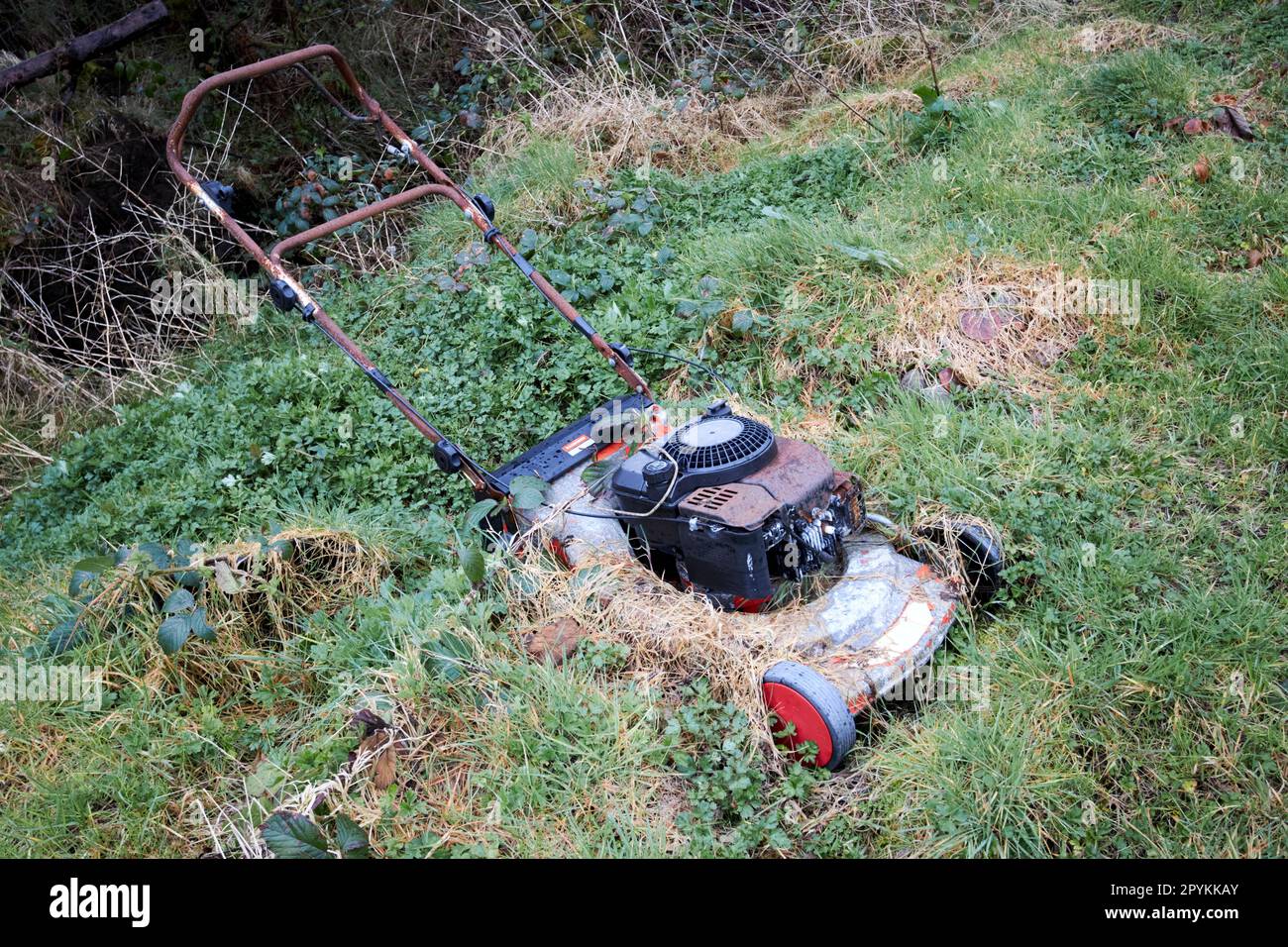 overgrown abandoned petrol lawnmower in field in county donegal republic of ireland Stock Photo