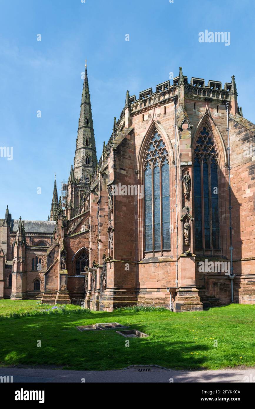 Lichfield Cathedral is the only medieval three-spired cathedral in the UK. It was completed in 1340 in a gothic style. Stock Photo