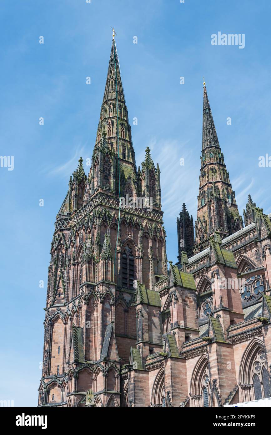 Lichfield Cathedral is the only medieval three-spired cathedral in the UK. It was completed in 1340 in a gothic style. Stock Photo