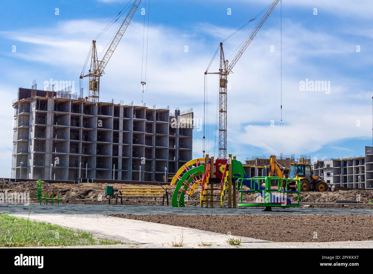 Development of new territories adjacent to the city for mid-rise residential development using the monolithic frame construction method, selective foc Stock Photo