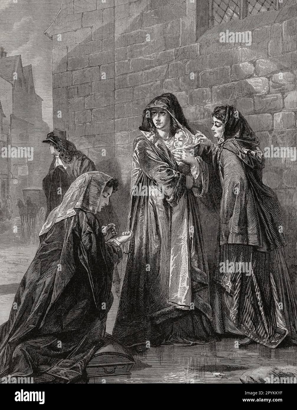 Mary, Queen of James II, with the infant James Francis Edward Stuart, Prince of Wales, leaving England for France in December 1688.   After an illustration in the London Illustrated News, August 3, 1872. Stock Photo