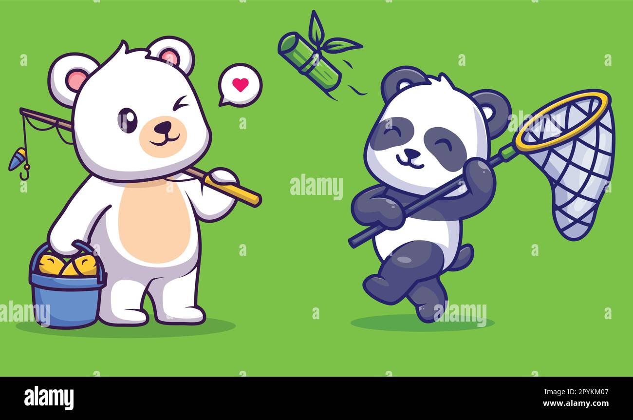 Cute panda catching bamboo with fishing net cartoon vector icon illustration. animal nature isolated Stock Vector