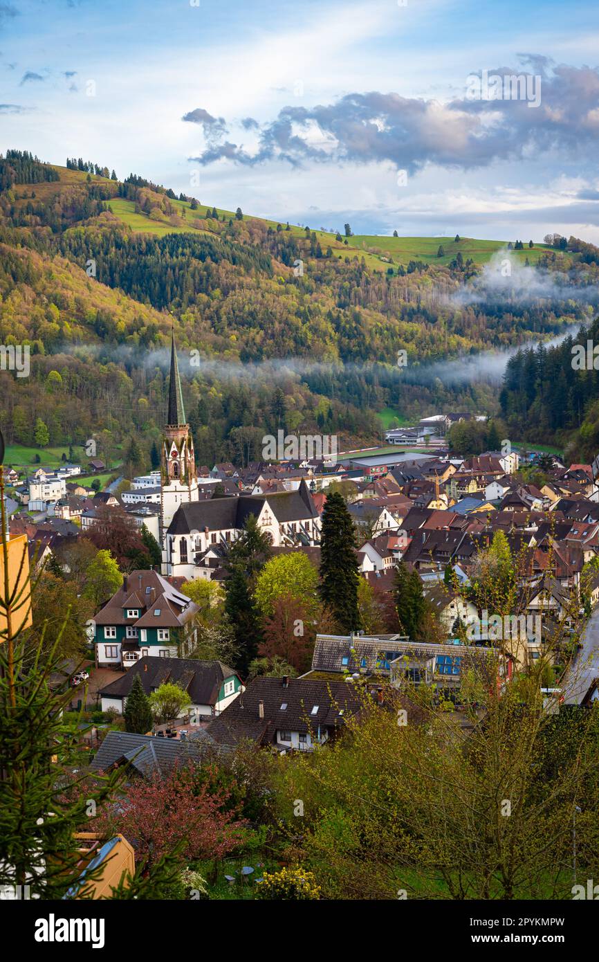Scenic view of the village of Schönau im Schwarzwald in Black Forest area, Germany in the evening hours Stock Photo