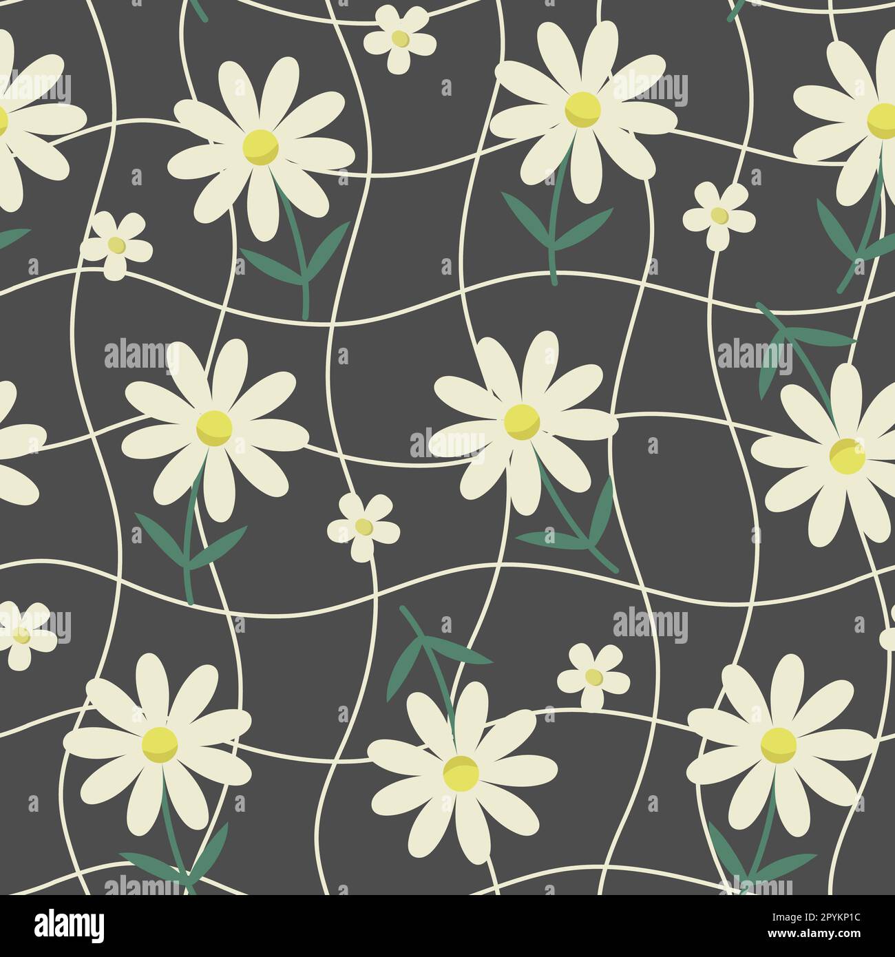 Cartoon daisy and chessboard seamless pattern on black background ...