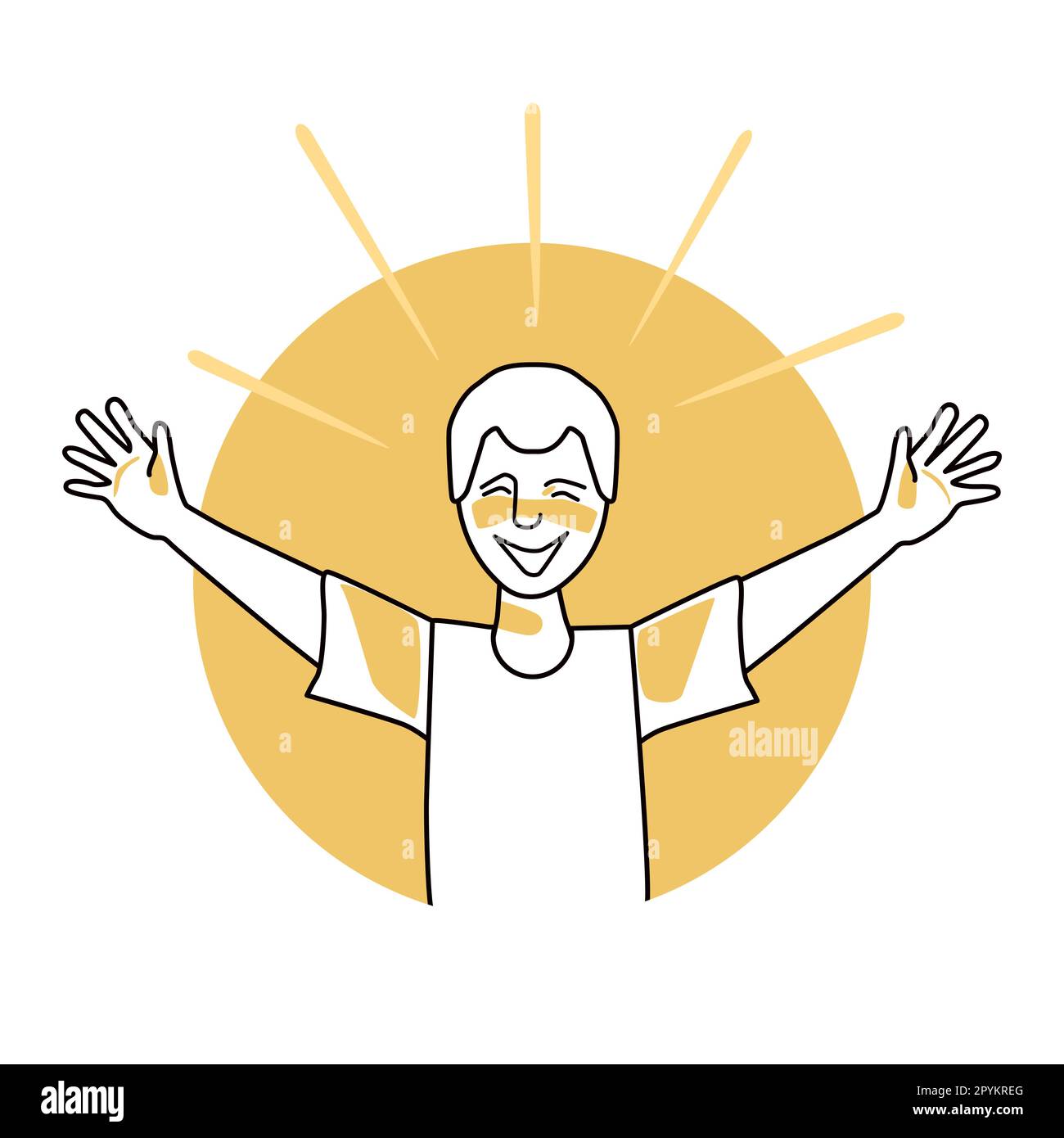 Happy boy, emotion of happiness, facial expression with gestures. Joyful teenager with white hair, expressing his happy feelings. Yellow vector circle Stock Vector