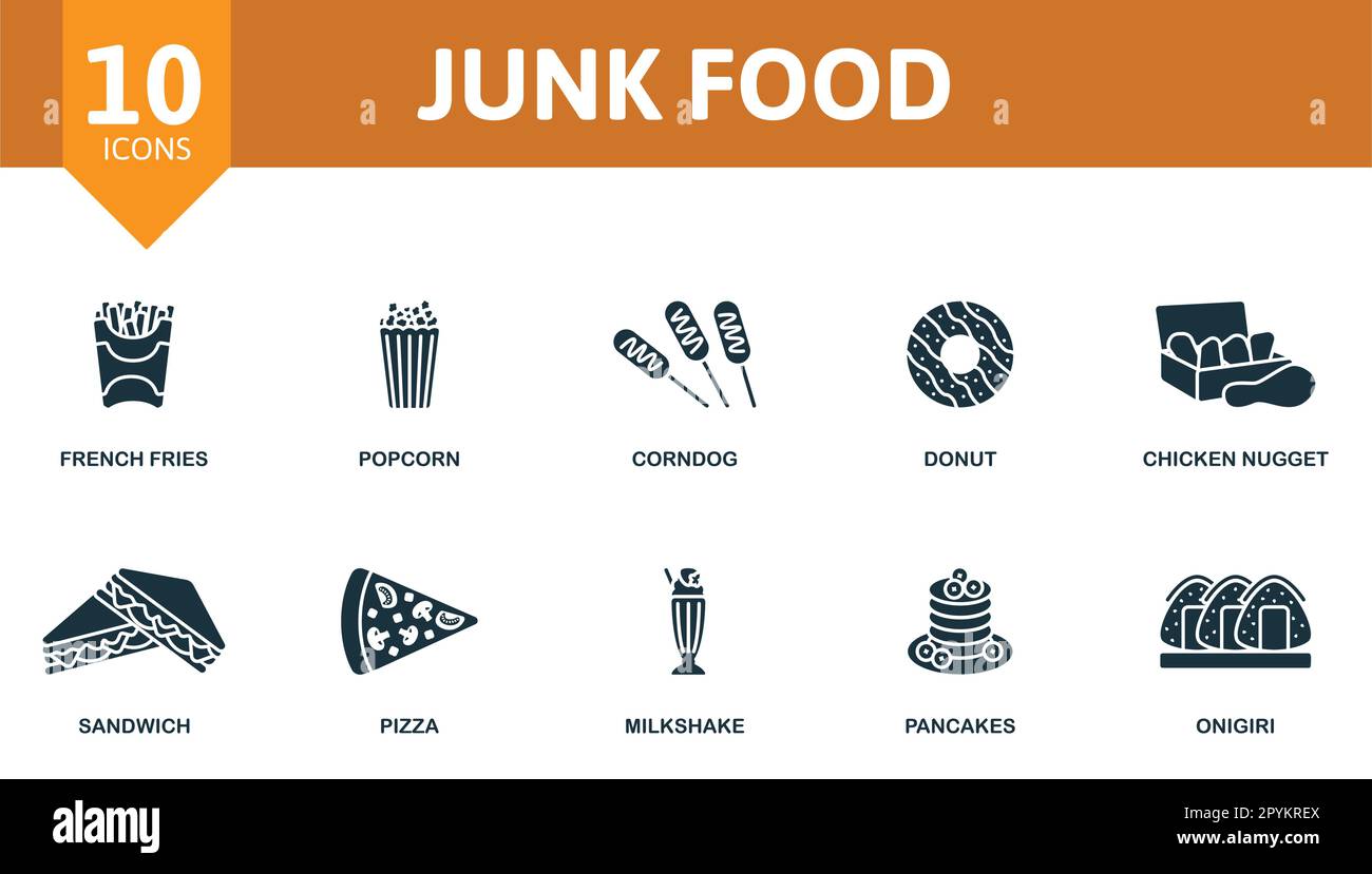 Junk food outline set. Creative icons: french fries, popcorn, corndog ...