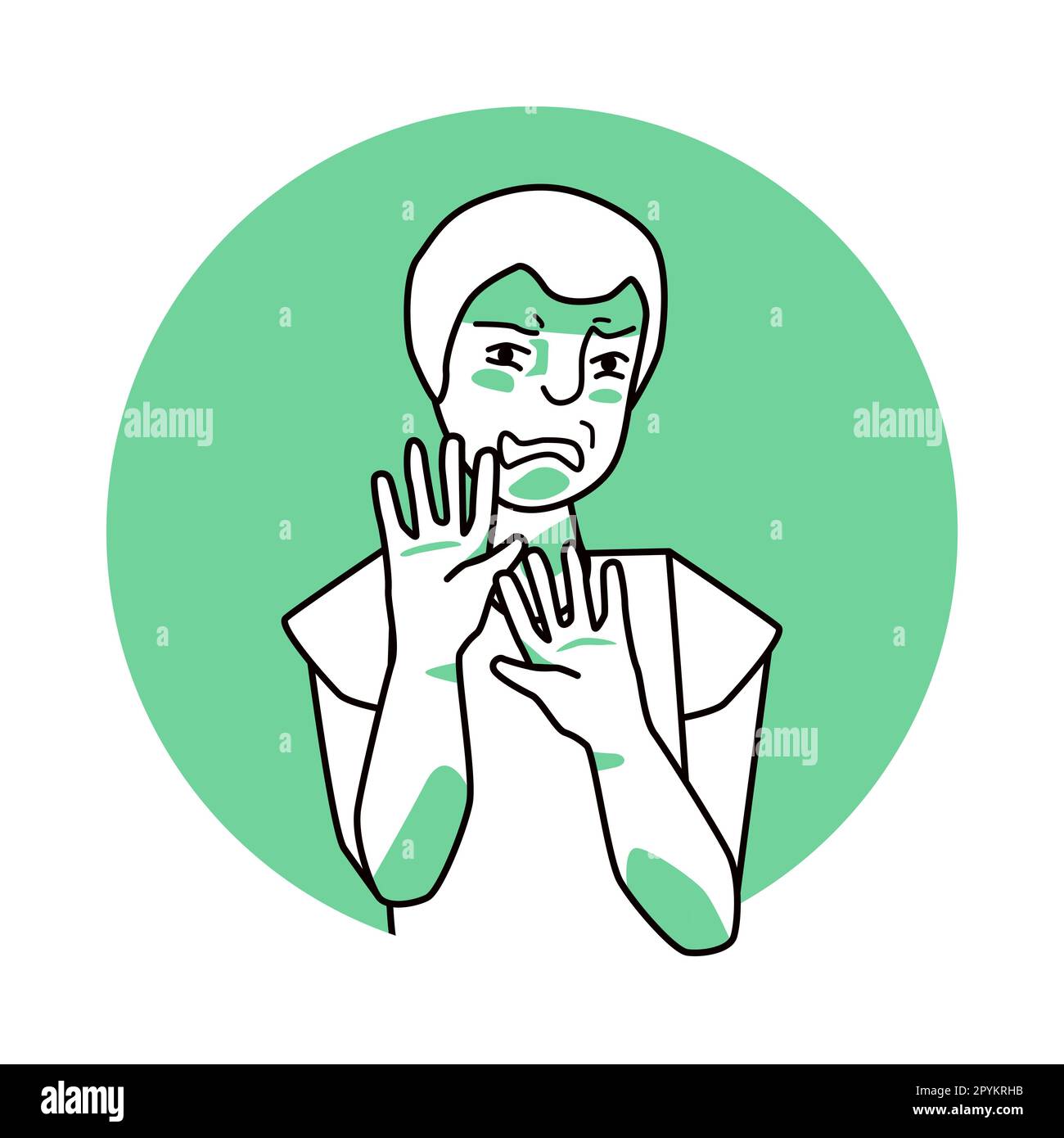 Young boy with emotion of disgust, facial expression with hands ...