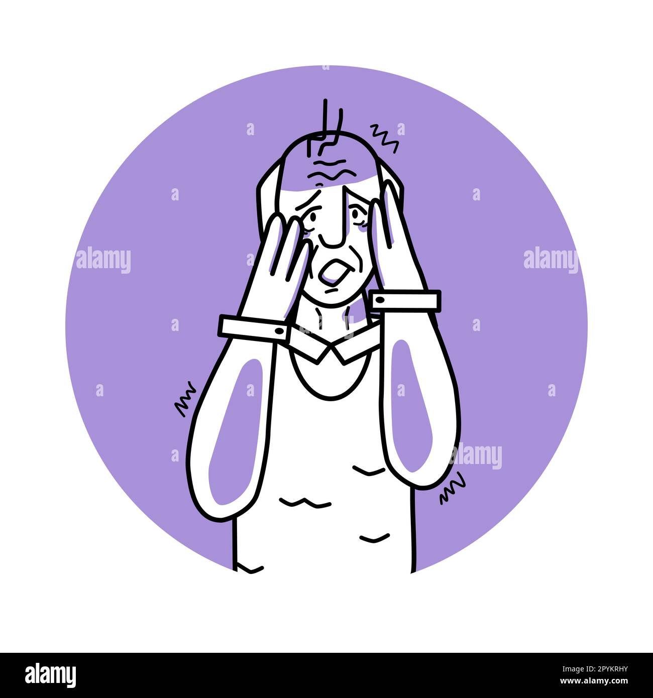 Frightened old man, emotion of fear, facial expression with gestures. Afraid grandfather with white hair, expressing her panic feelings. Purple vector Stock Vector