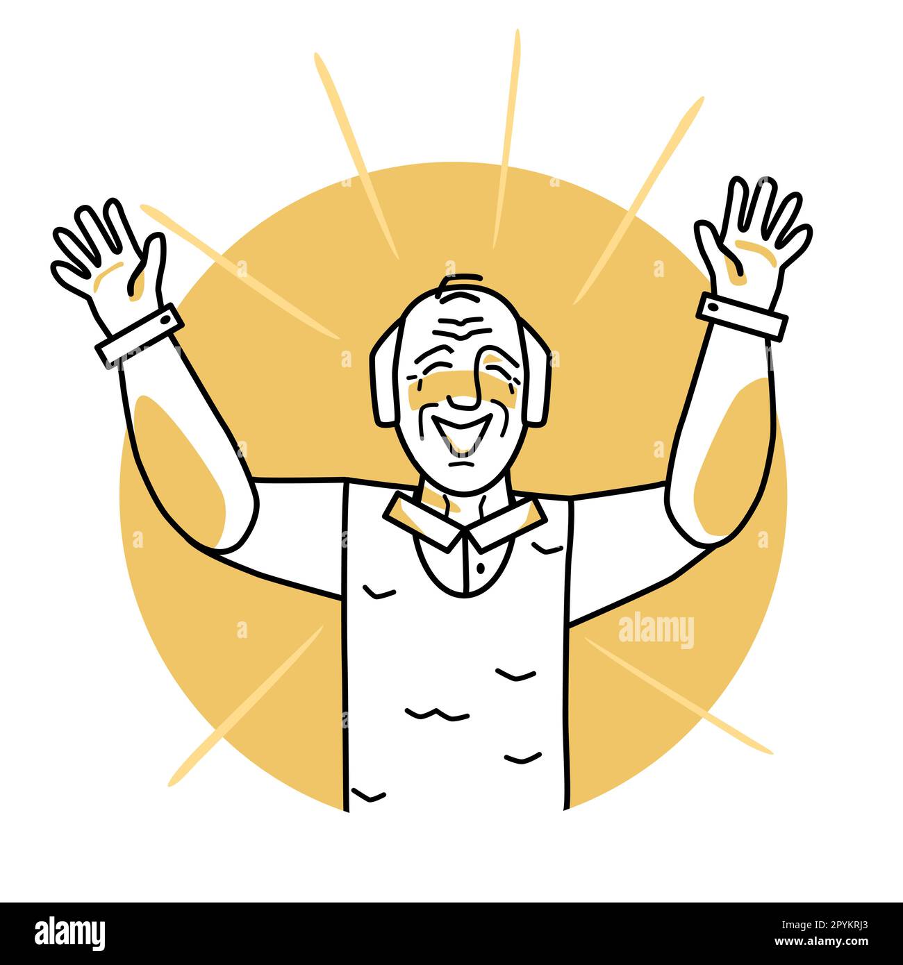 Happy old man, emotion of happiness, facial expression with gestures. Joyful grandfather with white hair, expressing her happy feelings. Yellow vector Stock Vector
