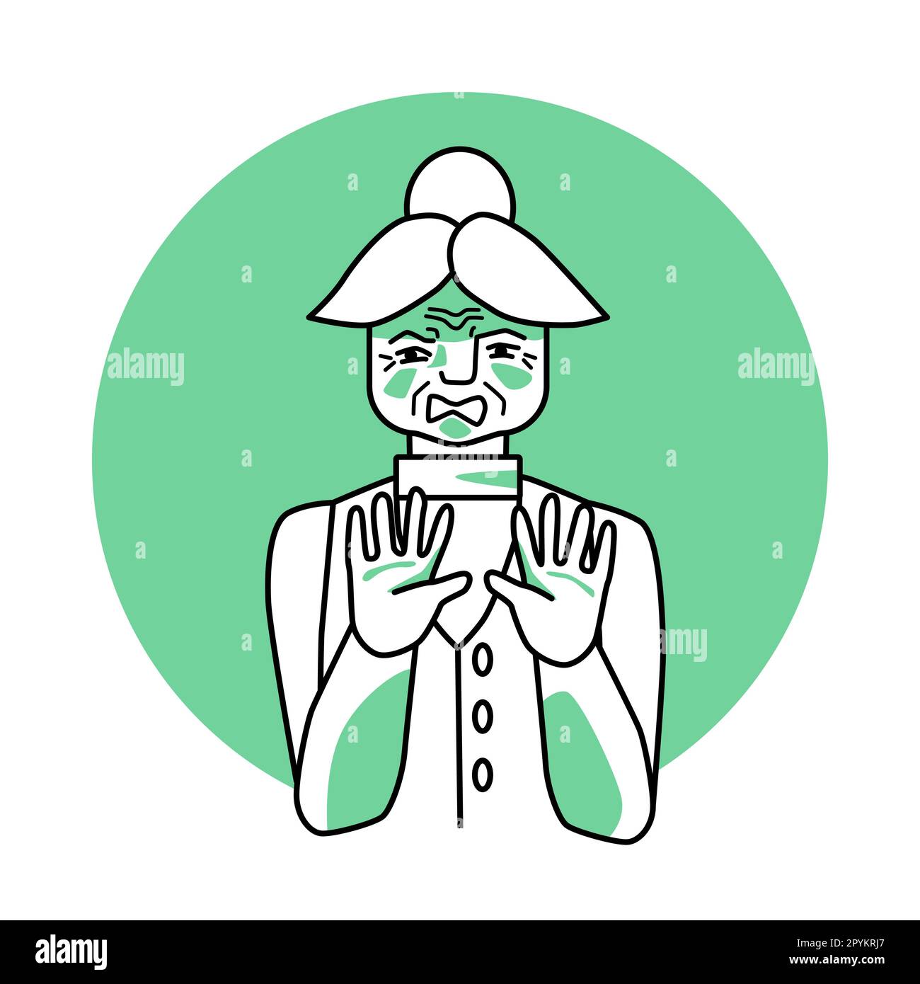 Old woman with emotion of disgust, facial expression with hands. Disgusted grandmother with white hair, expressing her negative revulsion feeling with Stock Vector