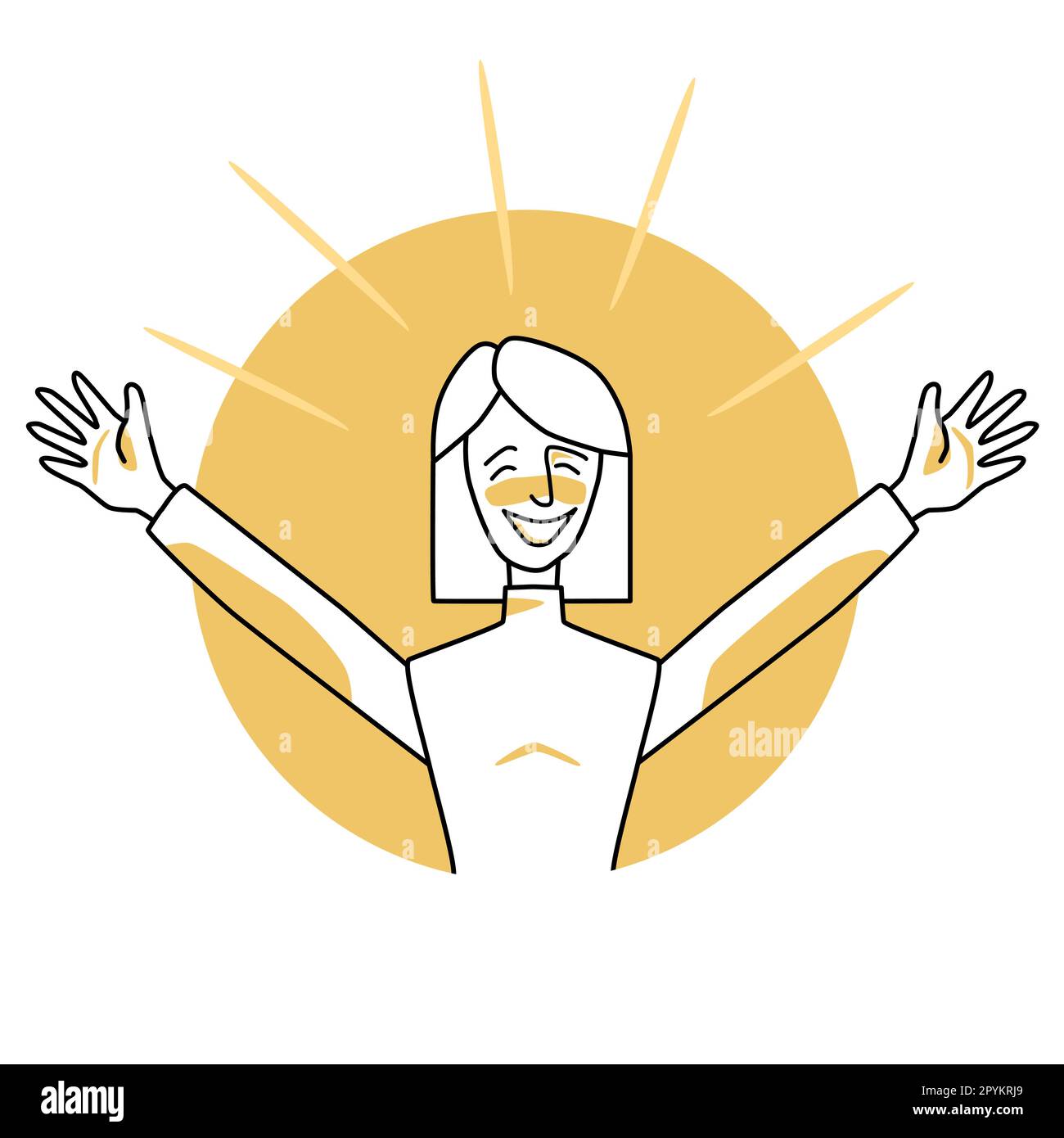 Happy woman, emotion of happiness, facial expression with gestures. Joyful female with white hair, expressing her happy feelings. Yellow vector circle Stock Vector