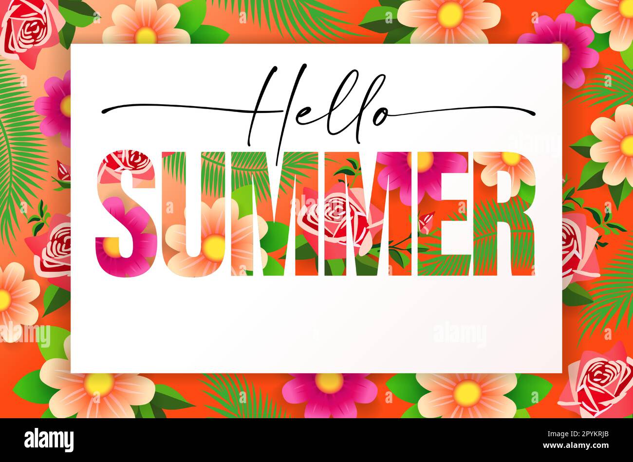 Hello Summer typography with palm leaves and flowers. Discount poster