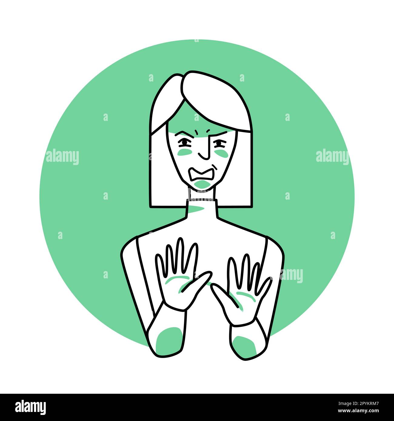 Adult woman with emotion of disgust, facial expression with hands. Disgusted female with white hair, expressing her negative revulsion feeling with ge Stock Vector