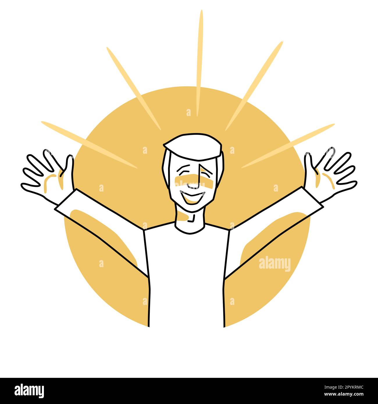 Happy man, emotion of happiness, facial expression with gestures. Joyful male with white hair, expressing his happy feelings. Yellow vector circle ico Stock Vector