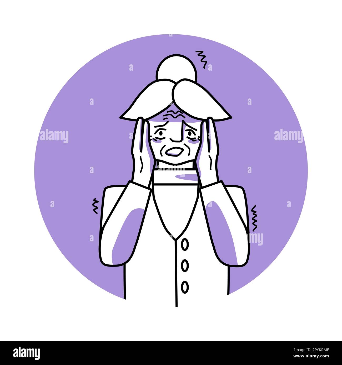 Frightened old woman, emotion of fear, facial expression with gestures. Afraid grandmother with white hair, expressing her panic feelings. Purple vect Stock Vector