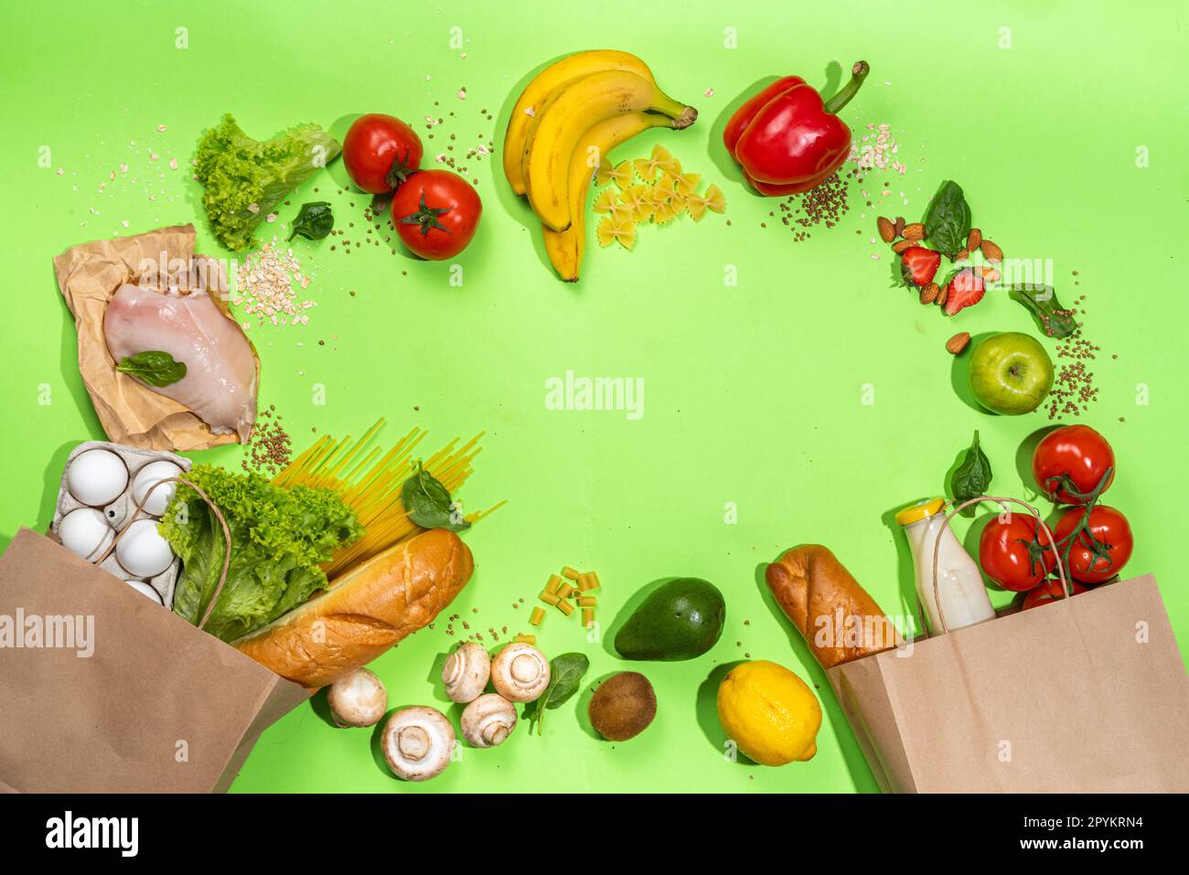 Fresh vegetables, meat, bread fruits in paper grocery bag. Delivery