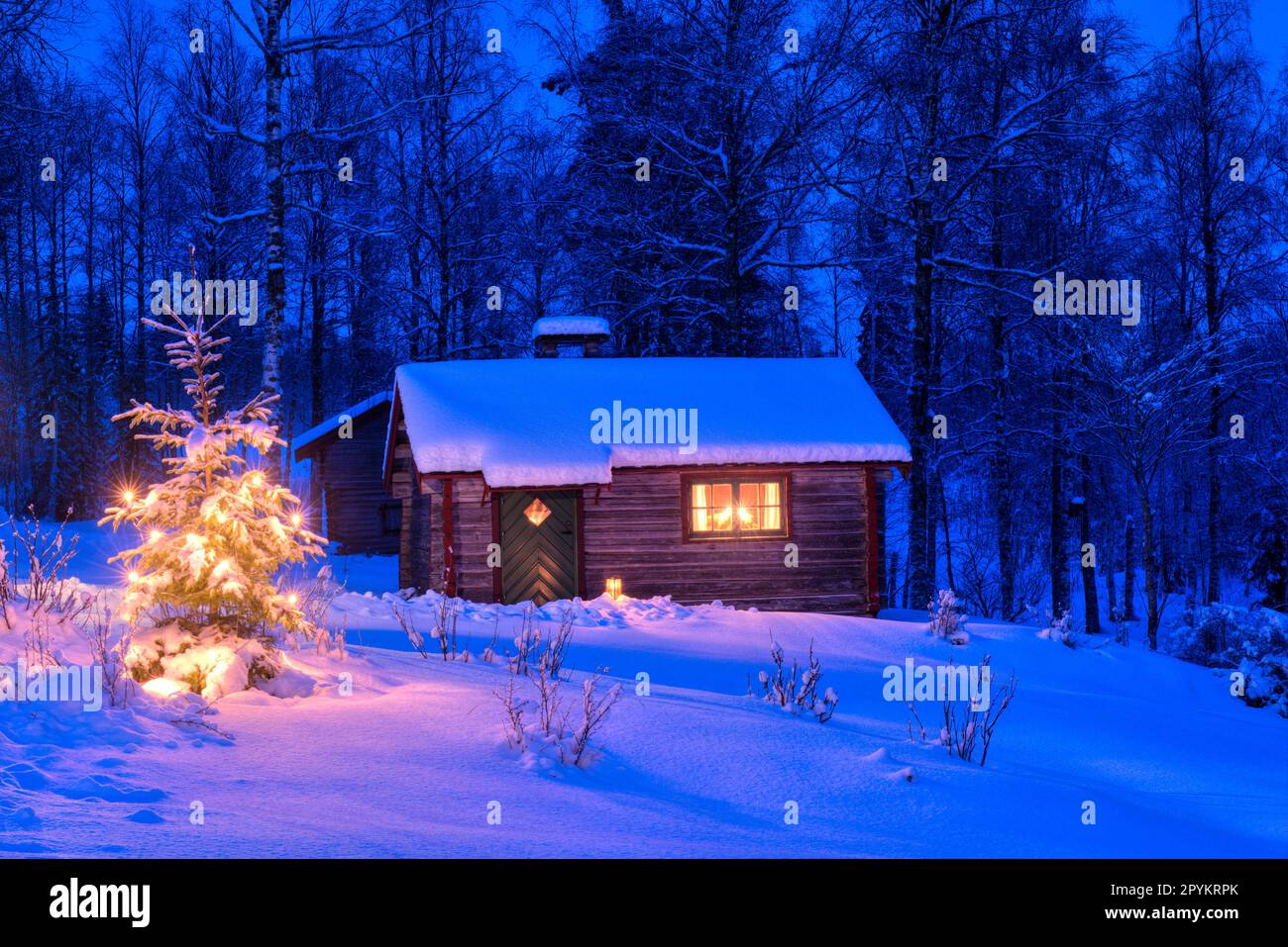 A log house with lit windows and Christmas tree in a snowy landscape