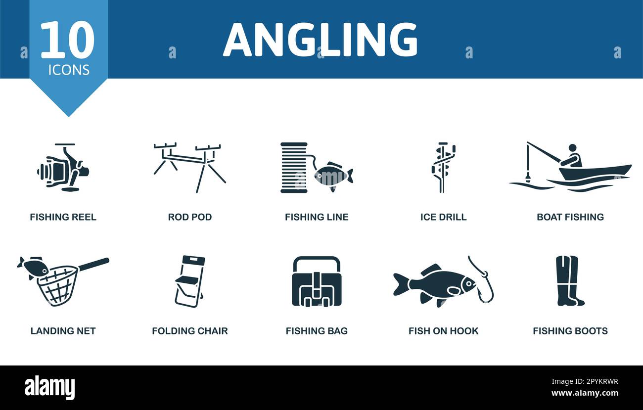 Angling outline set. Creative icons: fishing reel, rod pod, fishing line, ice drill, boat fishing, landing net, folding chair, fishing bag, fish on Stock Vector