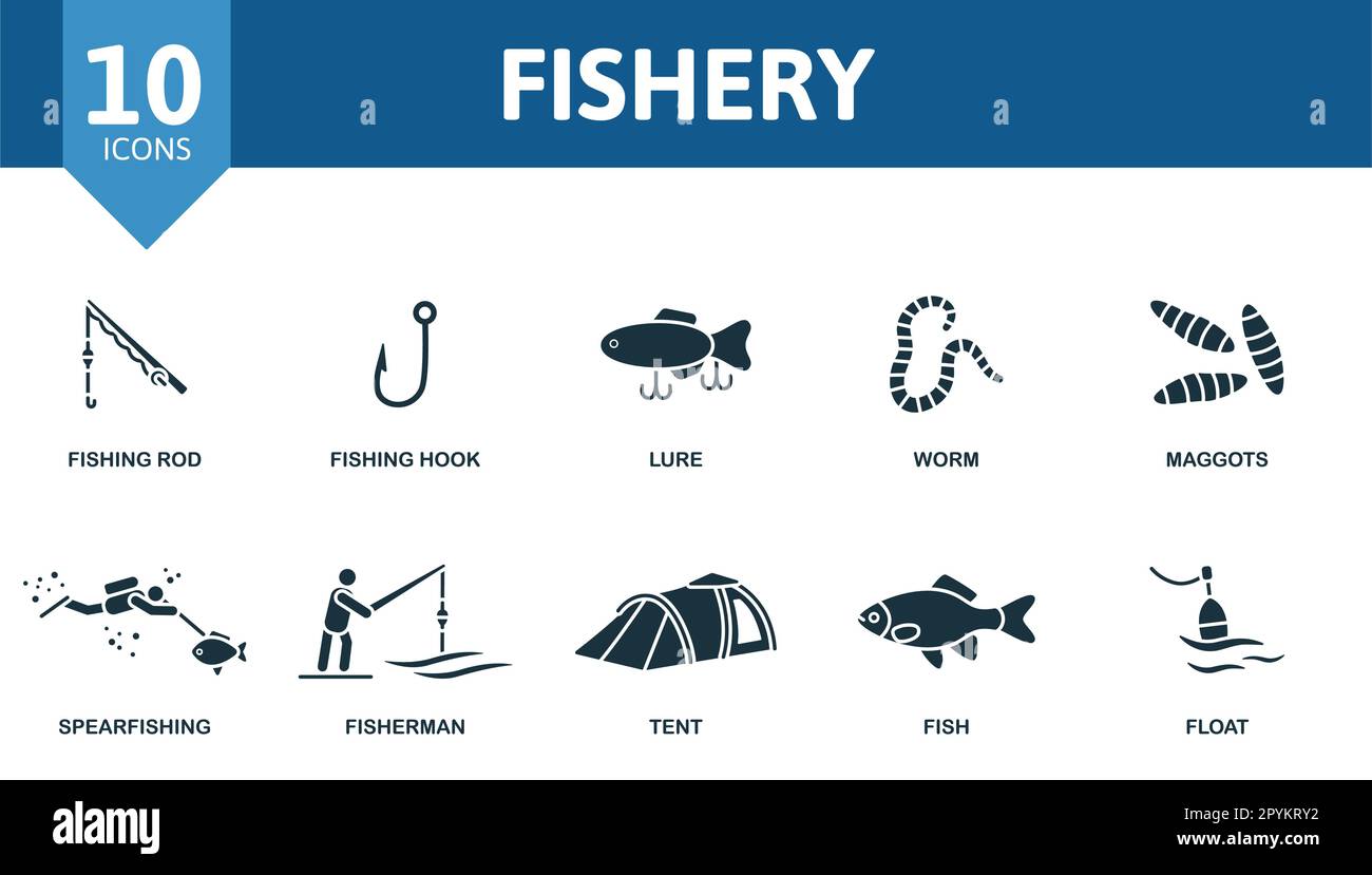 Sportfishing set. Creative icons: fishing rod, fishing hook, lure