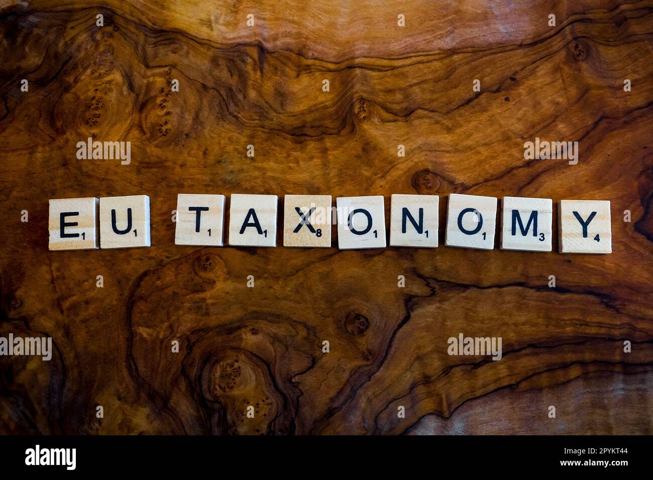 Stockholm, Sweden - 26 June 2022: eu taxonomy written in sustainable wooden tiles on vintage wood background as a concept Stock Photo