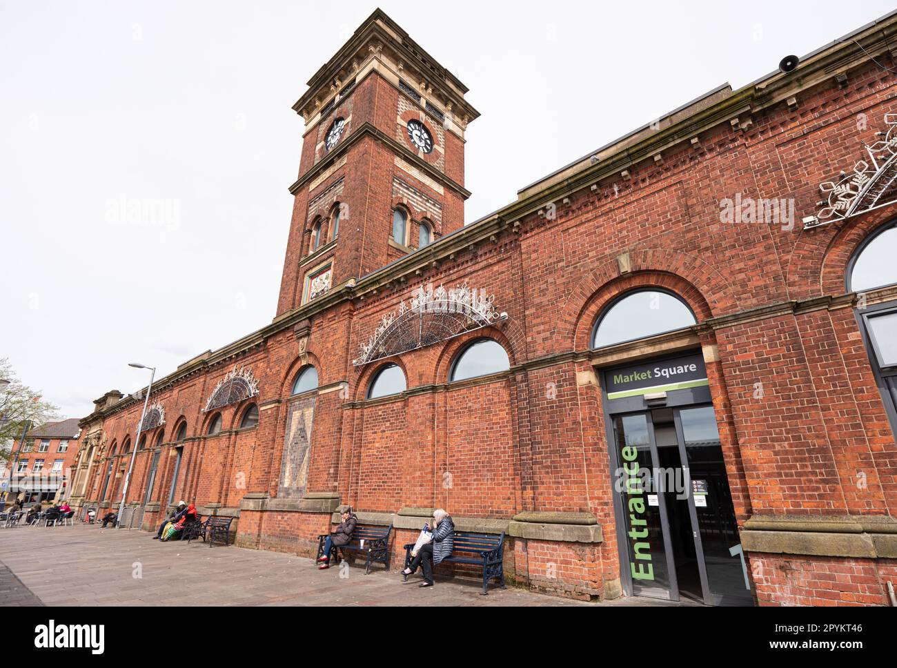 Market Hall with clock tower, Market Square, Ashton-under-Lyne. Market town near Manchester borough of Tameside.. Picture: garyroberts Stock Photo
