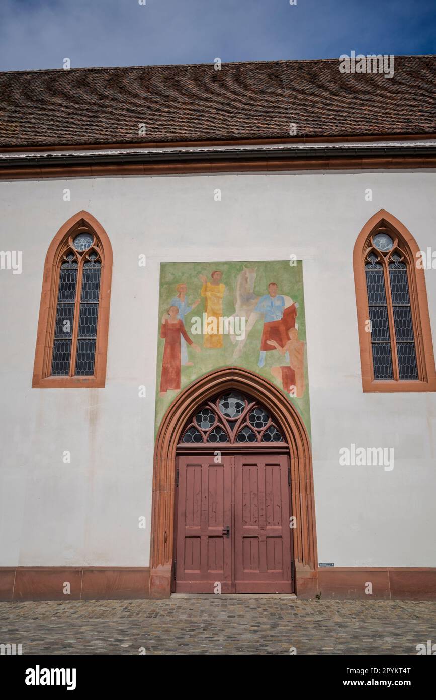 Modern fresco on the outside wall of a church, Old Town, Basel ...