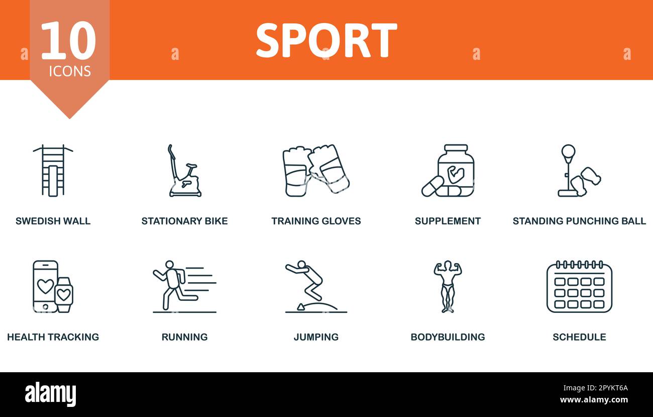 Sport outline set. Creative icons: swedish wall, stationary bike ...