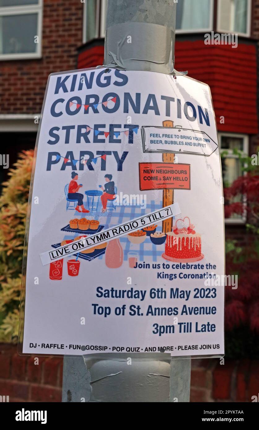 Sign on a lamppost, Grappenhall, Warrington - Kings coronation street party, 6th May 2023, top of St Annes Avenue 3pm till late, DJ, raffle, fun, quiz Stock Photo