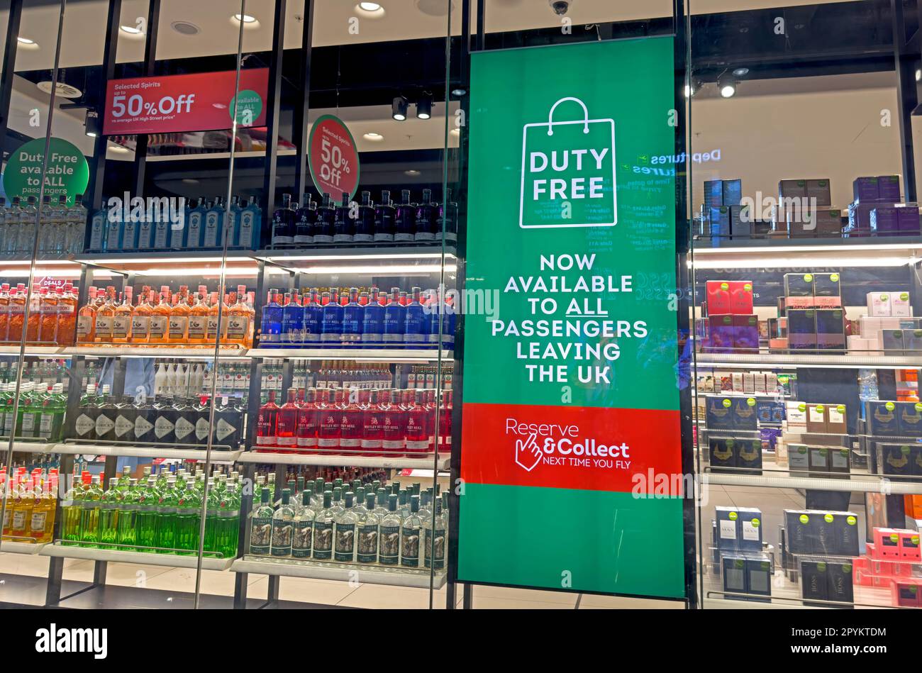 Airport Duty Free shopping, world airports travel tax discounts, reserve & collect, at Manchester International Airport - advertising tax-free shoppin Stock Photo