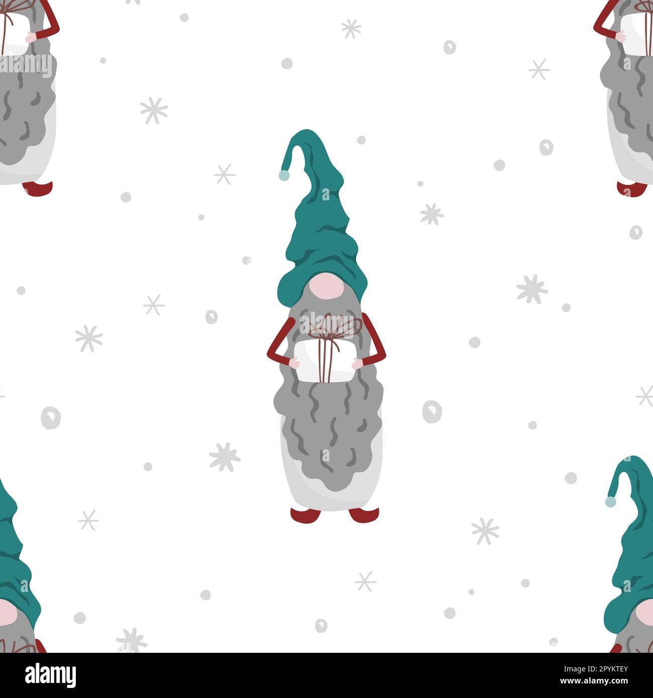 Seamless vector illustration with Christmas gnomes. Seamless pattern for decorating textiles, packaging, wallpaper. Stock Vector