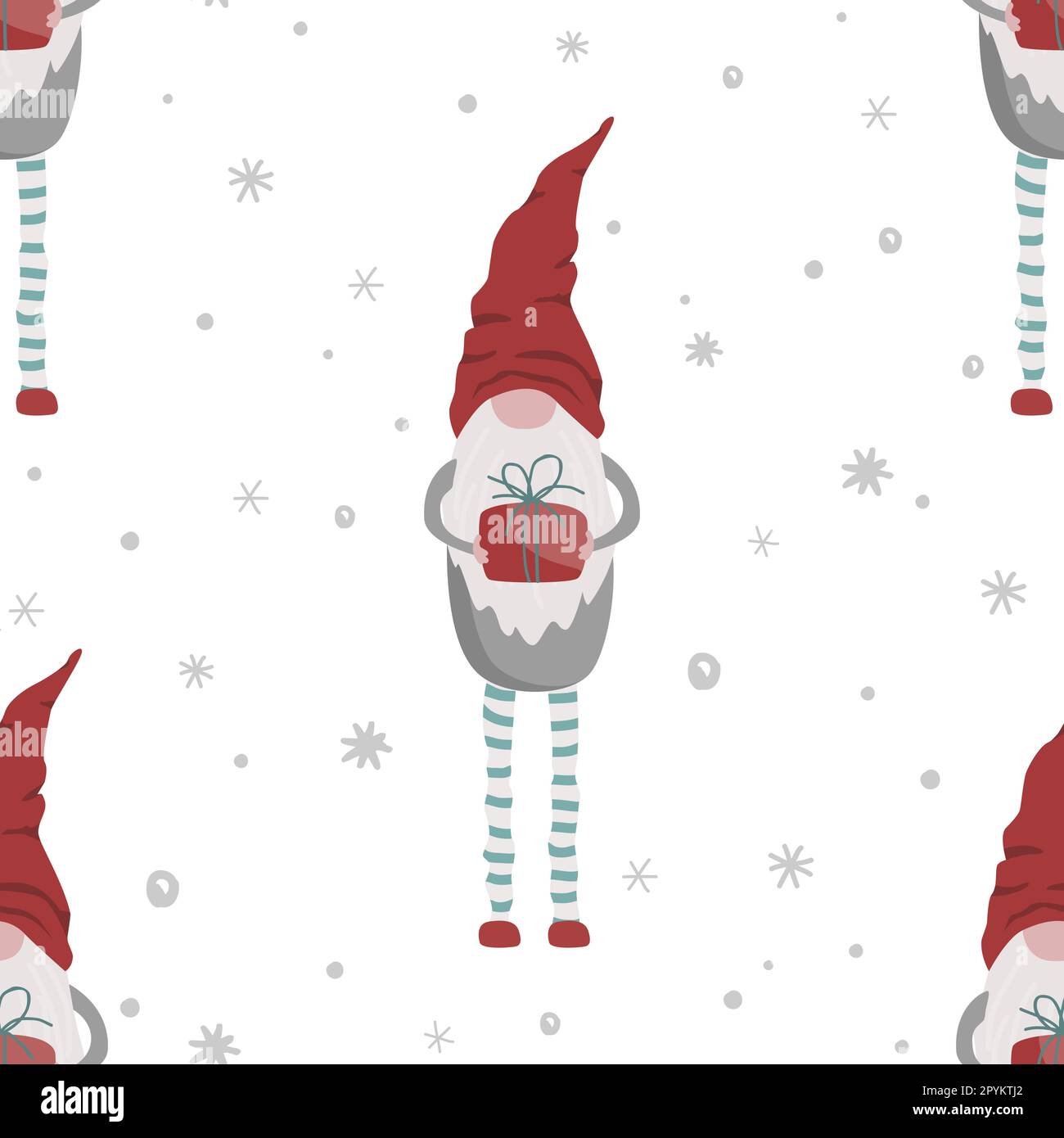 Seamless vector illustration with Christmas gnomes. Seamless pattern for decorating textiles, packaging, wallpaper. Stock Vector