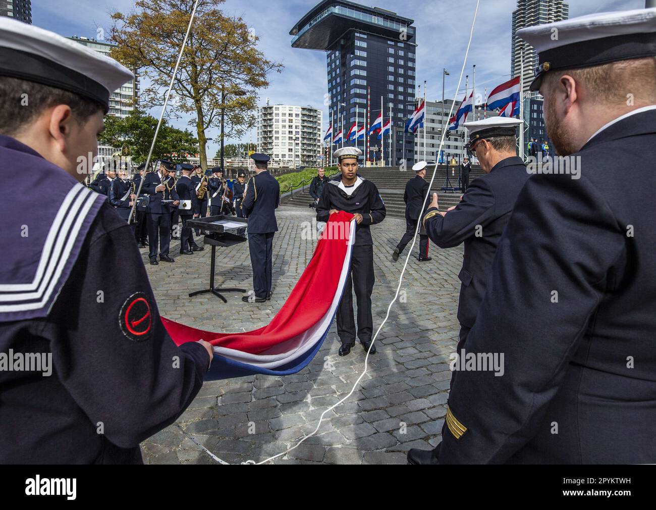 ROTTERDAM - 04/05/2023, Commemoration at the National Merchant Navy Monument 'De Boeg'. During the commemoration, the people on board of the Dutch merchant ships who died during the Second World War are commemorated. ANP EVA PLEVIER netherlands out - belgium out Stock Photo