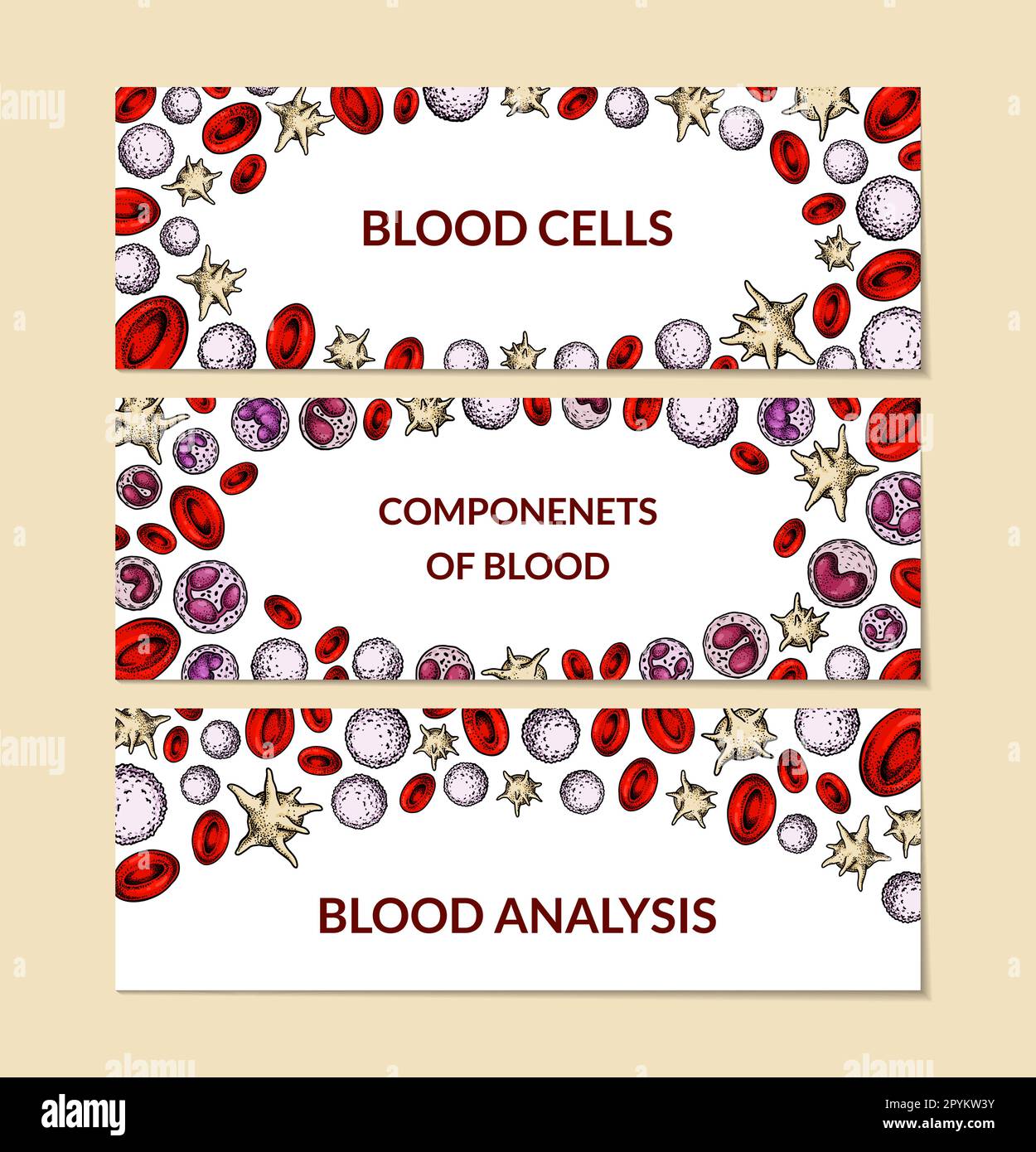 Set of blood cells backgrounds. Design for blood test, anemia, donation, hemophilia, laboratory scientific research concepts. Vector illustration in s Stock Vector