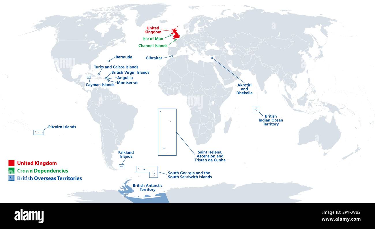 United Kingdom, British Overseas Territories and Crown Dependencies, political map. Britain, the Isle of Man, Guernsey and Jersey, and 14 BOTs. Stock Photo
