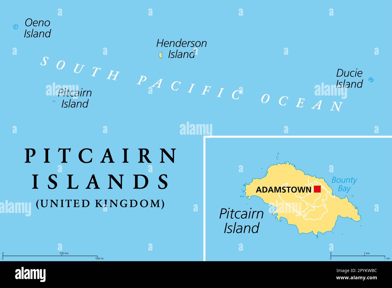Pitcairn Islands, a British Overseas Territory, political map. Pitcairn, Henderson, Ducie and Oeno Islands. South Pacific volcanic island group. Stock Photo
