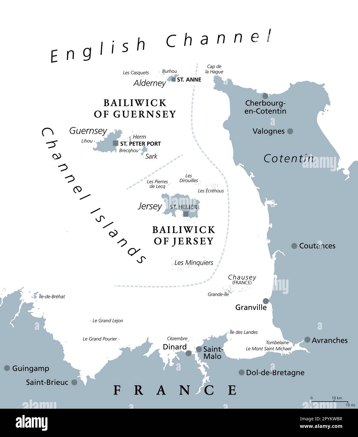 Channel Islands, gray political map. Crown Dependencies Bailiwick of Guernsey and Bailiwick of Jersey. Archipelago in the English Channel. Stock Photo