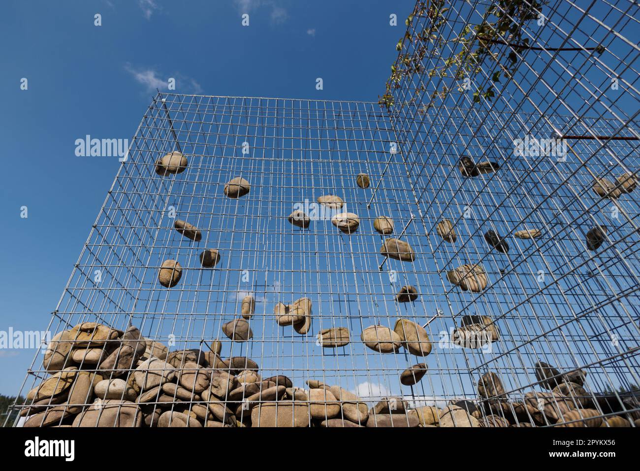 Wire Gabion Rock Fence. Stone wall texture, rocks behind metal grid